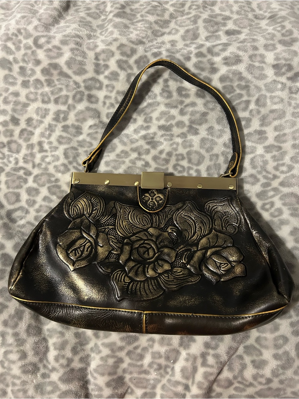 Patricia Nash Black Gold Rose Tooled Leather  Ferrara Framed Satchel Purse